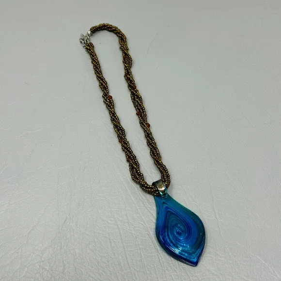 Art Glass Swirl Pendant Necklace Blue Gold Teardrop Beaded Braided Strand - Picture 5 of 7